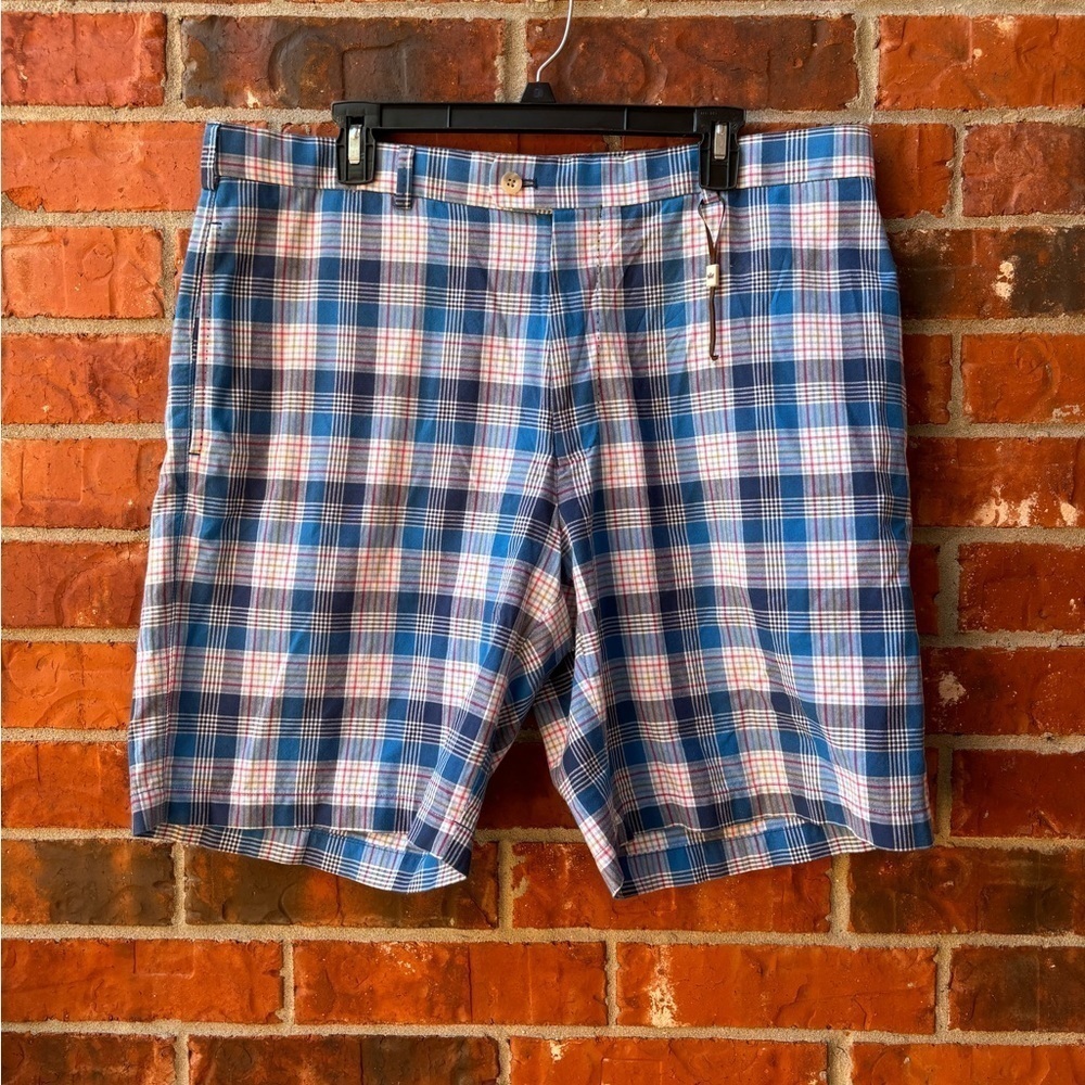 Peter Millar Mens 38 Blue Plaid Flat Front Casual Golf Shorts